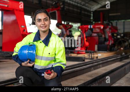Portrait smart Indian lady engineer woman supervisor worker wear reflective safety suit work in robot metal machinery factory Stock Photo