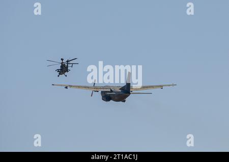 A Transall C-160 transport plane and a Eurocopter Tiger attack helicopter of the Bundeswehr, Berlin, Germany Stock Photo