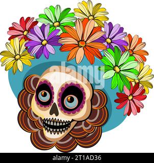 Catrina is symbol of Day of the Dead. Sugar skull with hat and flowers. Vector illustration. Stock Vector