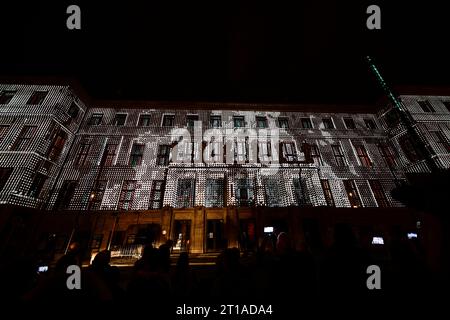 Prague, Czech Republic. 12th Oct, 2023. The 11th edition of Signal Festival of light starts in Prague, Czech Republic, on October 12, 2023. Offers video mapping on buildings of Municipal Library on Marianske square (pictured) and Church of Ss. Cyril and Methodius on Karlin square. Credit: Roman Vondrous/CTK Photo/Alamy Live News Stock Photo