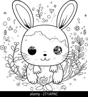 cute little rabbit with flowers and leafs frame vector illustration design Stock Vector