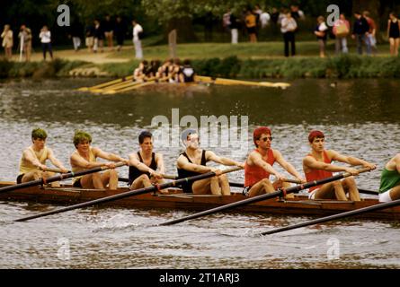 Oxford University Rowing Clubs, Eights Week. Rowing races on the River Isis  (actually the River Thames). Summer Eights is a 'bumps race' intercollegiate rowing regatta takes place end of May in Trinity Term. Students dyed their hair red- just for fun. Oxford, Oxfordshire, England May 1990s. 1995 UK HOMER SYKES Stock Photo