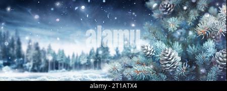 Winter Landscape - Fir Tree With Snow And Forest In Background - Abstract Defocused Snowflakes Stock Photo