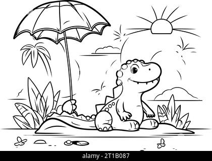 Dinosaur with umbrella in the jungle. Vector illustration for coloring book. Stock Vector
