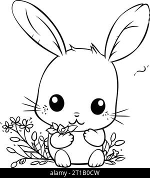 cute little rabbit with flowers and leafs character vector illustration design Stock Vector