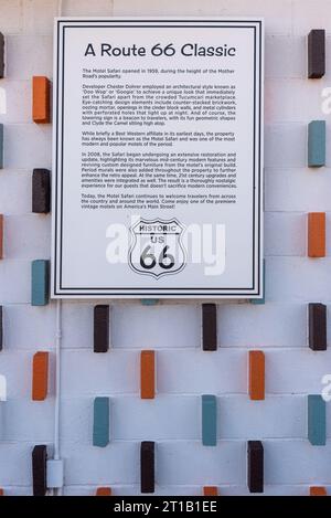 Sign on a mid-century modern cinder block wall of the refurbished Motel Safari, first opened 1959, on Route 66 in Tucumcari, New Mexico, USA. Stock Photo