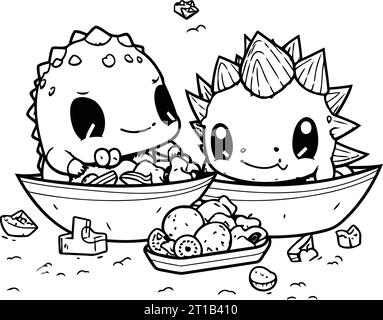 cute monsters couple eating kawaii characters vector illustration designicon Stock Vector