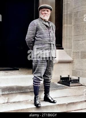Andrew Carnegie (1835-1919), Scottish-American industrialist and philanthropist, full-length portrait in plaid suit and knickers, New York World-Telegram and the Sun Newspaper Photograph Collection, 1910 Stock Photo