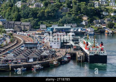 View over the ferry harbour of the town of Oban with the ferry Isle of Lewis operating between Oban and Isle of Barra, Argyll and Bute, Scotland Stock Photo