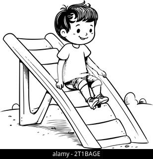 Children Outline Clipart-black white child sliding down palyground slide  clipart