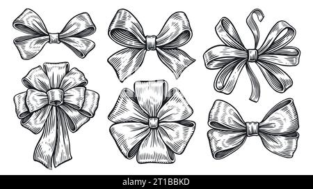 Set of festive ribbon bows. Design elements for decoration. Vintage sketch vector illustration engraving style Stock Vector