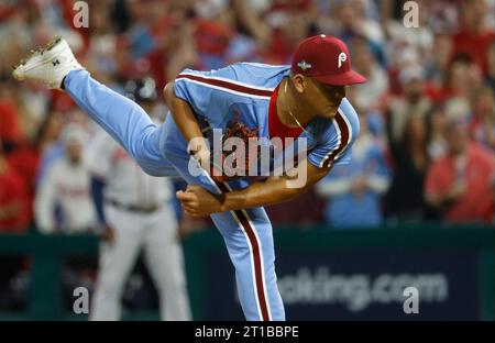 Philadelphia, United States. 12th Oct, 2023. Philadelphia Phillies starting pitcher Ranger Suarez throws in the first inning against the Atlanta Braves in game four of an MLB National League Division Series at Citizens Bank Park in Philadelphia, on Thursday, October 12, 2023. Photo by Laurence Kesterson/UPI. Credit: UPI/Alamy Live News Stock Photo