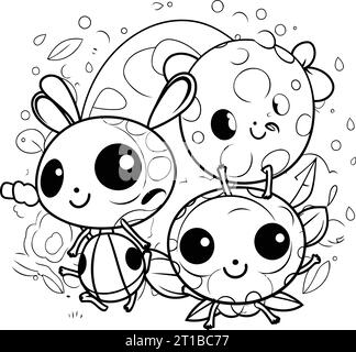 Black and white coloring page with cute cartoon ladybugs. Vector illustration. Stock Vector