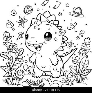 Coloring page for children. Cute dinosaur in the jungle. Stock Vector