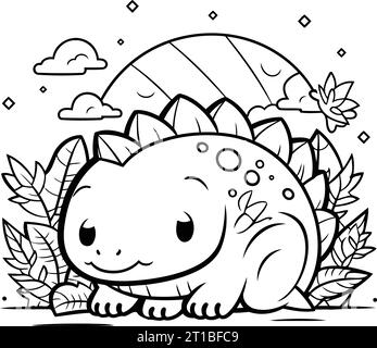 Cute dinosaur in the jungle. Vector illustration for coloring book. Stock Vector