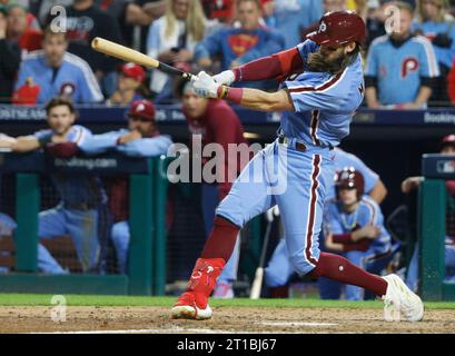 Philadelphia, United States. 12th Oct, 2023. Philadelphia Phillies Brandon Marsh hits a single in the seventh inning against the Atlanta Braves in game four of an MLB National League Division Series at Citizens Bank Park in Philadelphia, on Thursday, October 12, 2023. Photo by Laurence Kesterson/UPI. Credit: UPI/Alamy Live News Stock Photo