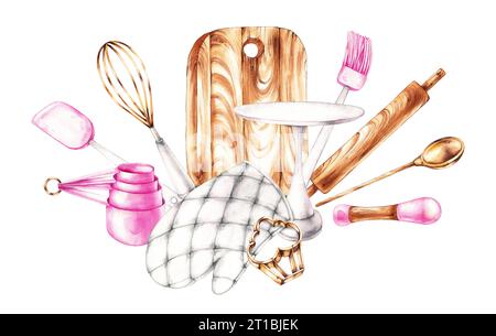 Watercolor composition of baking tools isolated on a white. Pink pastry chef tools for design postcard, packaging, label, package, restaurant Stock Photo