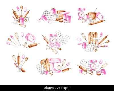 Watercolor set composition of baking tools isolated on a white. Pink pastry chef tools for design postcard, packaging, label, package, restaurant Stock Photo