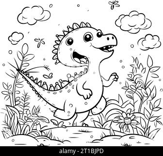 Coloring page for children. Cute cartoon dinosaur in the jungle. Stock Vector