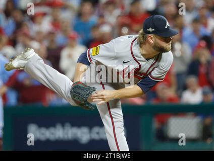 Philadelphia, United States. 12th Oct, 2023. Atlanta Braves relief pitcher A.J. Minter throws against the Philadelphia Phillies in the seventh inning in game four of an MLB National League Division Series at Citizens Bank Park in Philadelphia, on Thursday, October 12, 2023. Photo by Laurence Kesterson/UPI. Credit: UPI/Alamy Live News Stock Photo