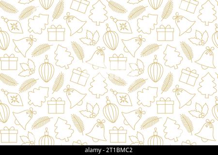 christmas golden seamless pattern with fir branches, bell, baubles, christmas tree, gift and holly berry icons - vector illustration Stock Vector