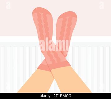 woman warms her legs in knitted socks on the radiator- vector illustration Stock Vector