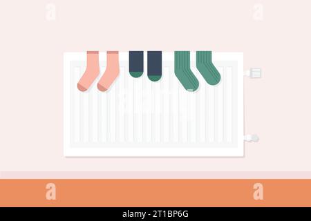 colorful socks drying on the radiator - vector illustration Stock Vector