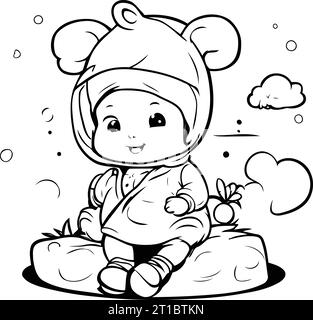 Black and White Cartoon Illustration of Cute Baby Boy or Kid Animal Character Wearing Winter Clothes Coloring Book Stock Vector