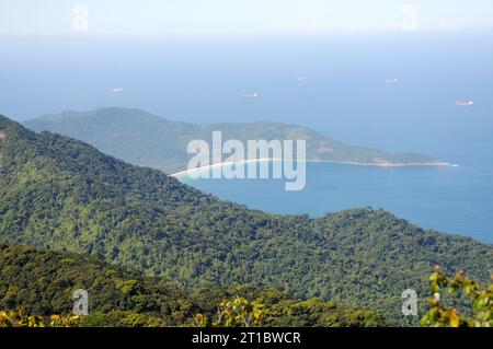 View of Pico do Papagaio, located on Ilha Grande in the state of Rio de Janeiro. Stock Photo