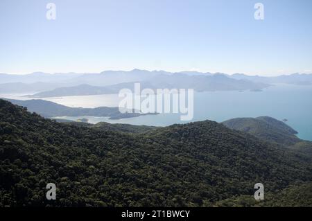 View of Pico do Papagaio, located on Ilha Grande in the state of Rio de Janeiro. Stock Photo