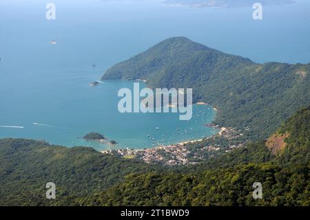 View of Pico do Papagaio, located on Ilha Grande in the state of Rio de Janeiro. Stock Photo