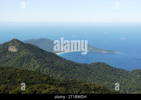 View of Pico do Papagaio, located on Ilha Grande in the state of Rio de Janeiro. Stock Photo