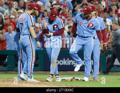St. Petersburg, United States. 06th Apr, 2022. St. Petersburg, FL USA:  Philadelphia Phillies designated hitter Bryce Harper (3) is fist bumped by  first baseman Rhys Hoskins (17) after homering in the first