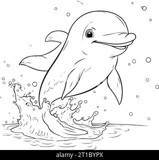 Dolphin jumping out of water. Coloring book for children. Stock Vector