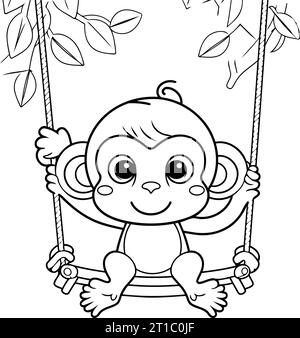 Coloring Page Outline Of cartoon monkey swinging on a swing. Stock Vector