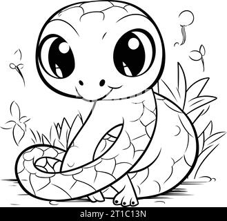 Cute little turtle sitting on the grass. Coloring book for children Stock Vector