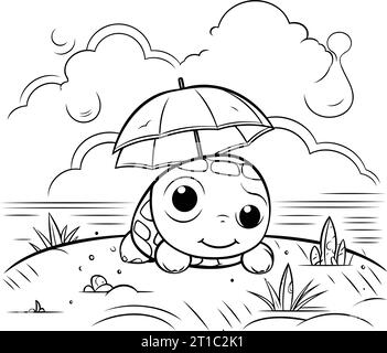 cute little turtle in the field with umbrella vector illustration graphic design Stock Vector