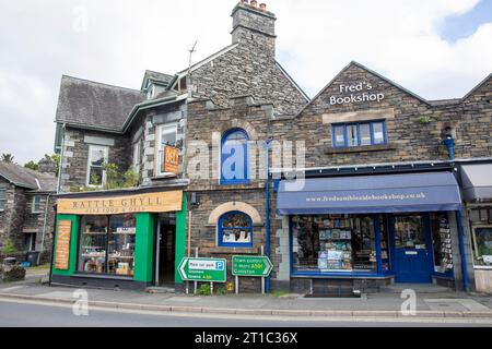 Ambleside town centre shops and retail stores including bookshop,Lake District national park,Cumbria,England,2023 Stock Photo