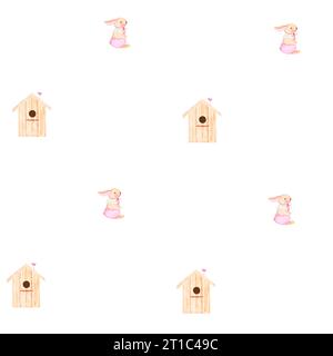 watercolor seamless pattern birdhouses and cute bunny. cute pattern with houses for printing on textiles, diapers, pajamas, wrapping paper, bed linen. Stock Photo