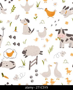 Cartoon Village map seamless pattern. Background of a farm with barn, windmill, funny animals, plants. Perfect for textile, fabric, paper, games, play Stock Photo