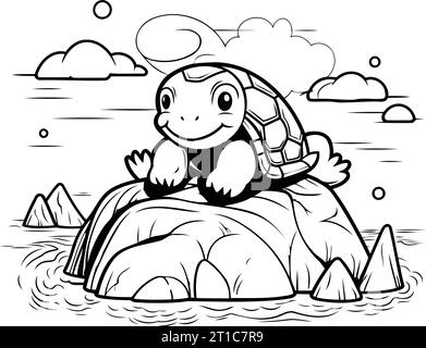 turtle on the rock. black and white vector illustration for coloring book Stock Vector