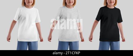 Mockup of a white, heather, black t-shirt for a girl, front view, for design, print. A set of kid's oversize shirts for a child. Template of stylish c Stock Photo