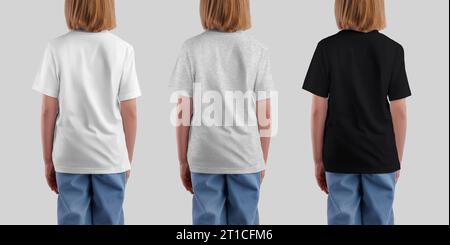 Mockup of white, heather, black t-shirt for a girl, kid's shirt back view for design, branding. Template of fashion clothes isolated on background. Ov Stock Photo