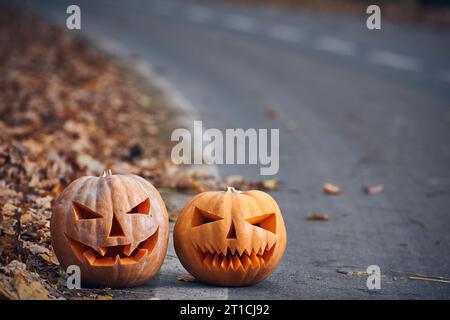 Two Halloween Pumpkins on the side of the road in the forest. Stock Photo