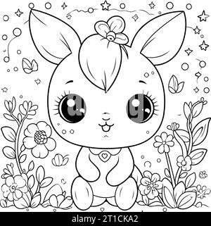 cute little rabbit with flowers and leafs pattern vector illustration design Stock Vector