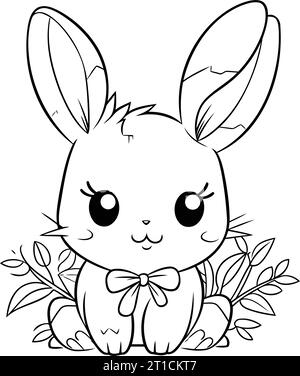 cute rabbit with flowers and leafs kawaii character vector illustration design Stock Vector