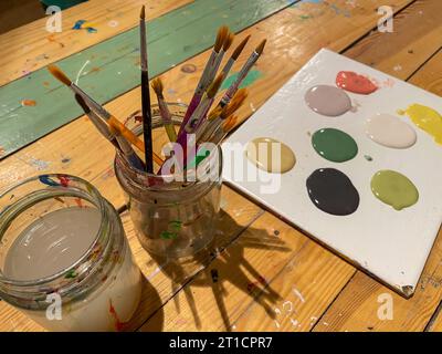 palette with brushes and paints drawing Stock Photo