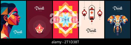 Indian holiday Happy Diwali poster. Deepavali India festival of lights print. Hindu traditional celebration cover with diya oil lamp, elephant and rangoli. Creative art modern minimalistic design set Stock Vector