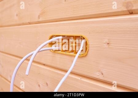 installation of electrical wiring inside a wooden house, nobody Stock Photo