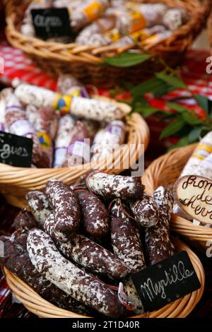 Local sausages sold at the market, Orange, Vaucluse, Provence, France. Stock Photo